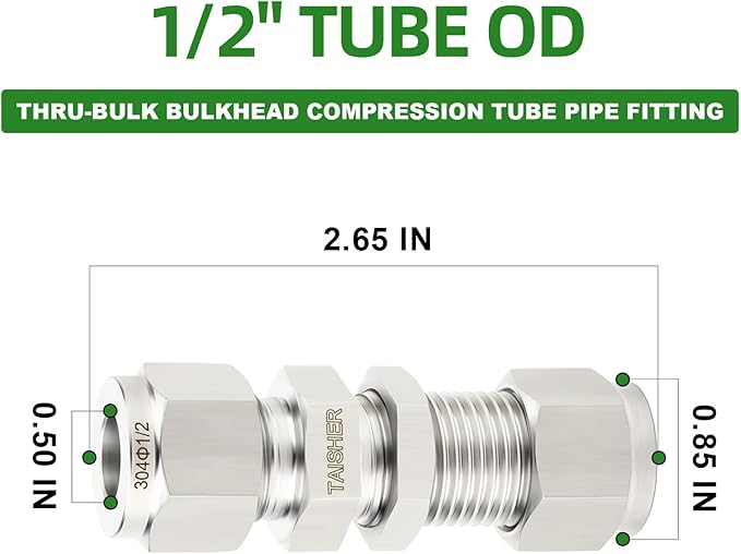 TAISHER 1PCS 304 Stainless Steel Thru-Bulk Bulkhead Compression Tube Pipe Fitting Connector, 1/2" Tube OD x 1/2" Tube OD Straight Adapter