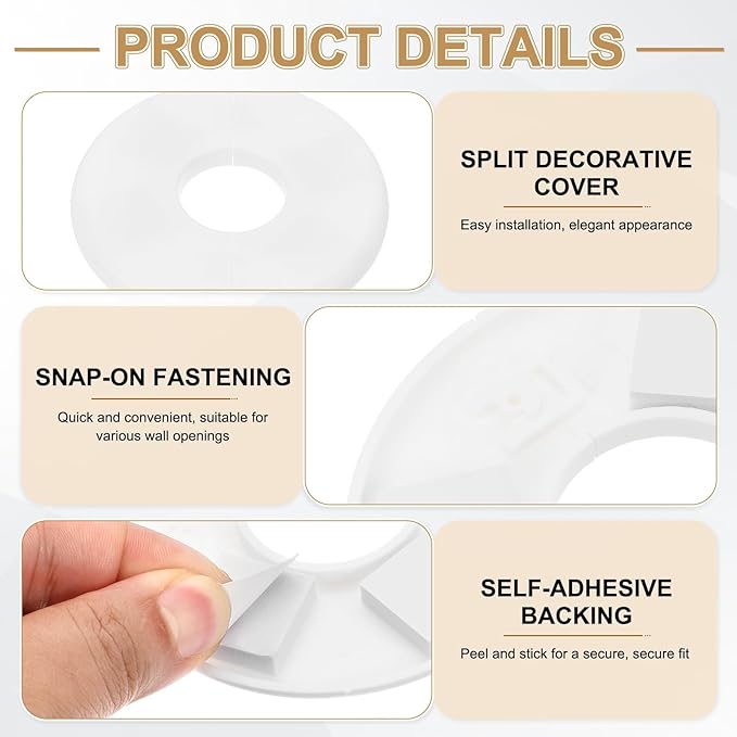 PATIKIL Wall Split Flange 85mm / 3.3" OD, 4 Pcs Round Escutcheon Plate Cover PPR Plumbing Cover Plates with Self-Adhesive Tape for 26.5mm / 1" Dia Water Pipe Faucet, White