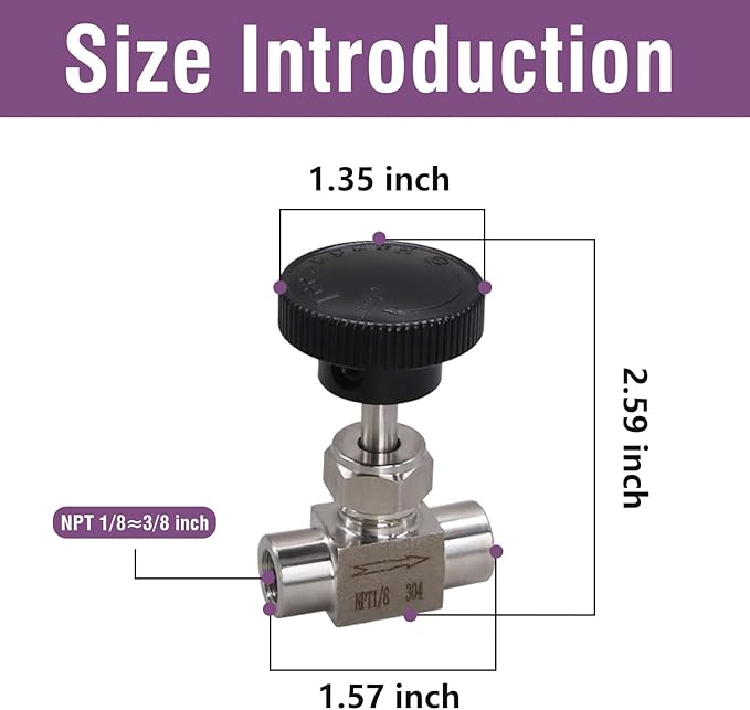 Needle Valve 1/8 NPT Gas Flow Control Valve Stainless Steel Female Thread for Water/Oil, 1PC
