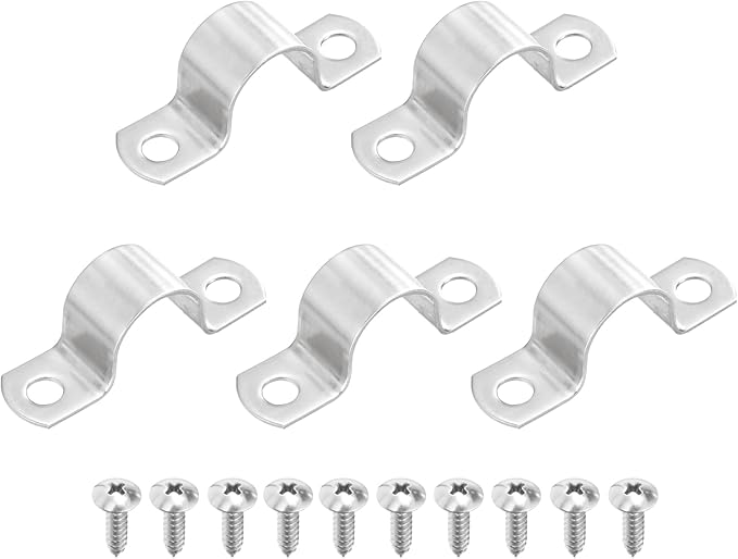 uxcell 5Pcs 22mm(7/8") Two Hole Rigid Pipe Strap, 304 Stainless Steel Conduit Clamp Thicken U Bracket Heavy Duty Pipe Clamp with Self-Tapping Screws for Fixing Tube Cable, Silver