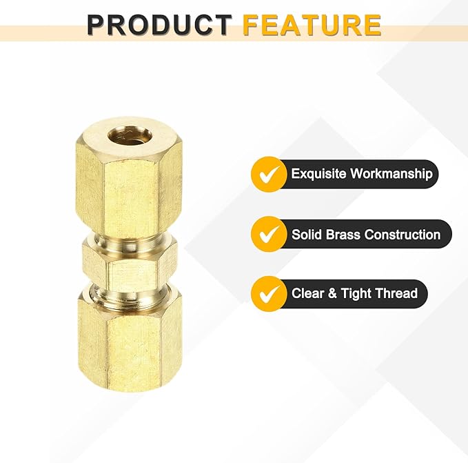uxcell 10Pcs Brass Compression Tube Fitting, 3/16" Tube OD x 3/16" Tube OD Connector Straight Coupling Adapter Union Fittings