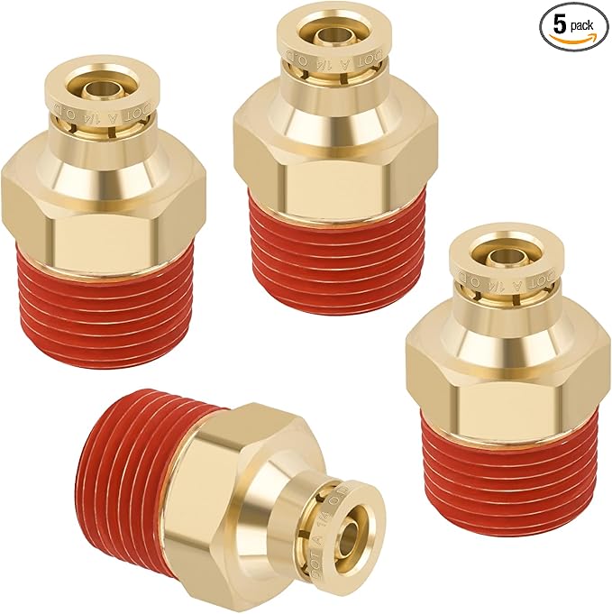 1/4" Quick Push to Connect Fittings Brass Union Straight Joint DOT Approved 1/4" Tube OD x 3/8" NPT Thread Air Line Adapter Air Suspension Kit for Truck Trailers and Air Brake System 4pcs