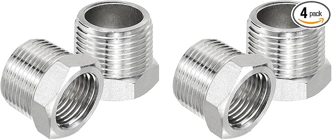 PATIKIL 304 Stainless Steel Reducer Hex Bushing 4 Pcs, 3/4" BSPT Male to 1/2" BSPT Female Pipe Reducing Adapter Fitting Connector for Water Gas Hydraulic Pipes Shower Hose, Silver