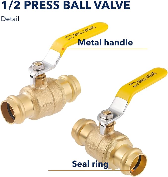 1/2" Press propress Ball Valve with EPDM O-Ring 1/4-Turn Full Port Shut Off Stop Valve for Copper Tubing Connection LF Brass 10PCS