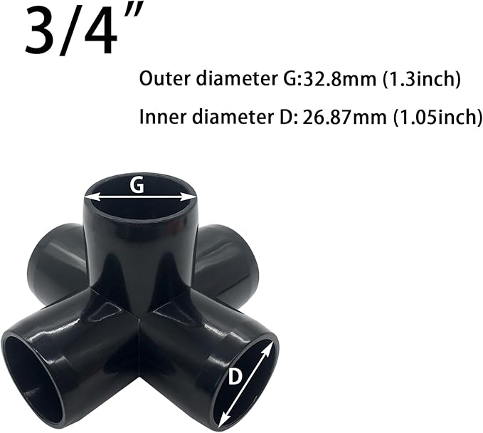 3/4“ Tee PVC Fitting 5 Way Elbow Connector, Furniture Grade 90 Degree Elbow Side Outlet, PVC Corner Fittings for Building Furniture Greenhouse Shed Tent Connection (Black-Pack of 8)