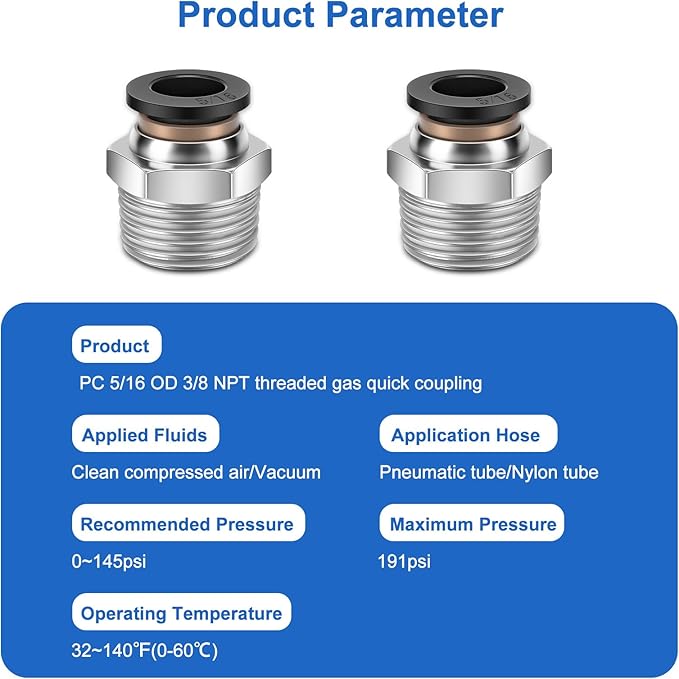10 Pcs Push-to-Connect Fittings 5/16 Inch Tube OD x 3/8 Inch NPT Thread Pneumatic Male Straight Quick Connect Air line fittings