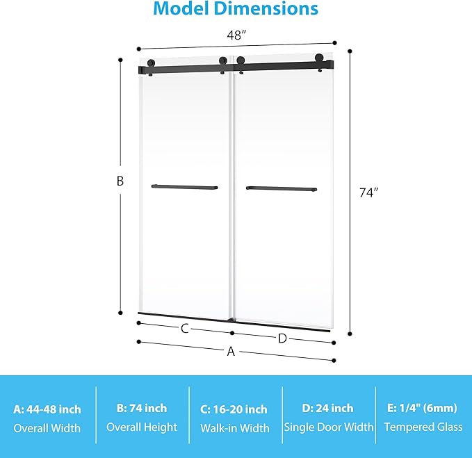 Frameless Double Sliding Shower Door - 44 to 48 Inch Adjustable Width x 74 Inch Height, 1/4" (6mm) Clear Tempered Glass with Easy-Clean, Space-Saving Bypass Design, Matte Black Finish for Bathroom