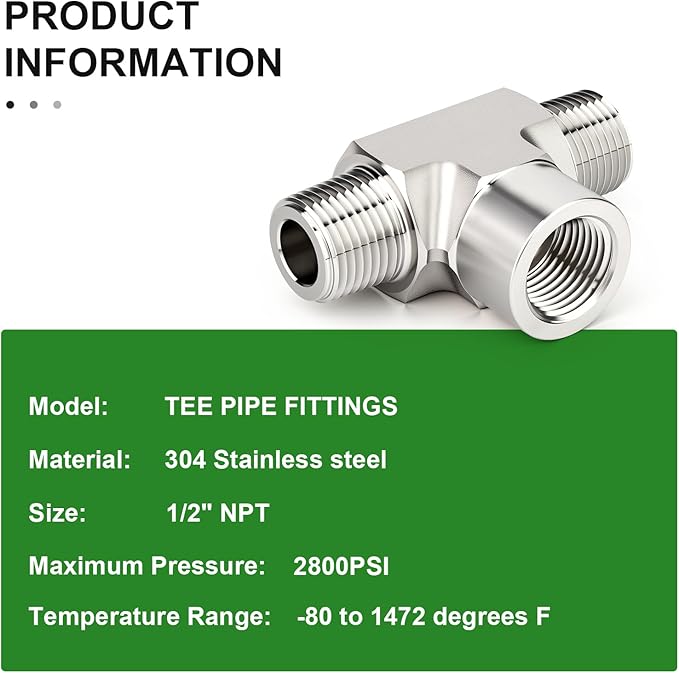 TAISHER 1PCS Forging of 304 Stainless Steel Tee Pipe Fittings, 1/2" NPT Male x 1/2" NPT Female x 1/2" NPT Male Pipe Fittings, Female Branch Tee
