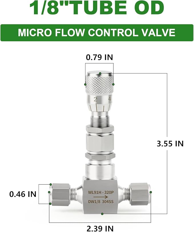 TAISHER 1PCS 304 Stainless Steel Reduce Port 3mm Needle Valve 1/8" OD，Accurate Dials For Micro Flow Control Instrument Gauge Water Gas Oil