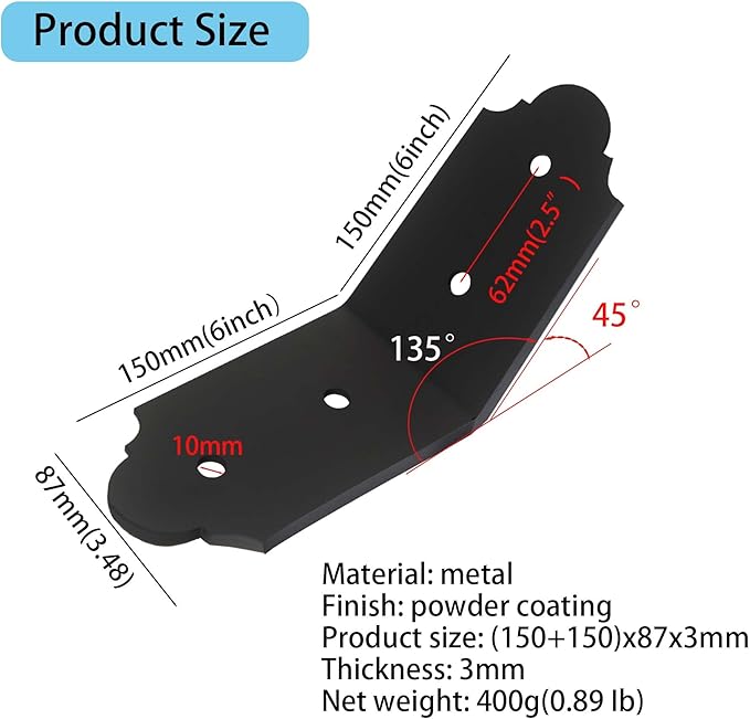 4Packs 45-Degree Angle Bracket Decorative Knee Braces, 6" Heavy Duty Flush Inside 45-Degree Connector Brace, Outside 45 Degree Mount Bracket Building Accessories Products