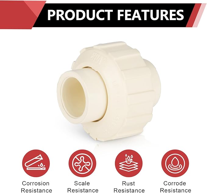 (5 Pack) EFIELD 1/2" Inch CPVC Slip Union, CTS x CTS Union Solvent Connection Fittings,(CPVC030-5)