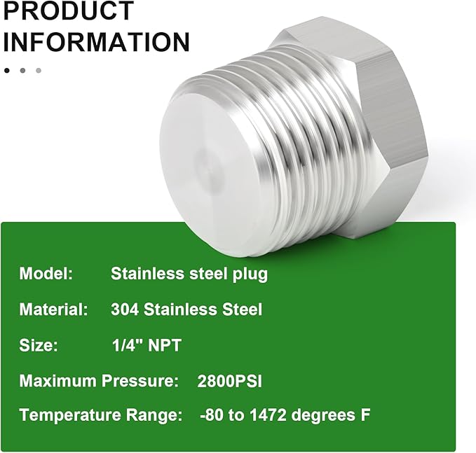 TAISHER 10PCS Stainless Steel Outer Hex Thread Socket Pipe Plug Fitting 1/4" NPT Male