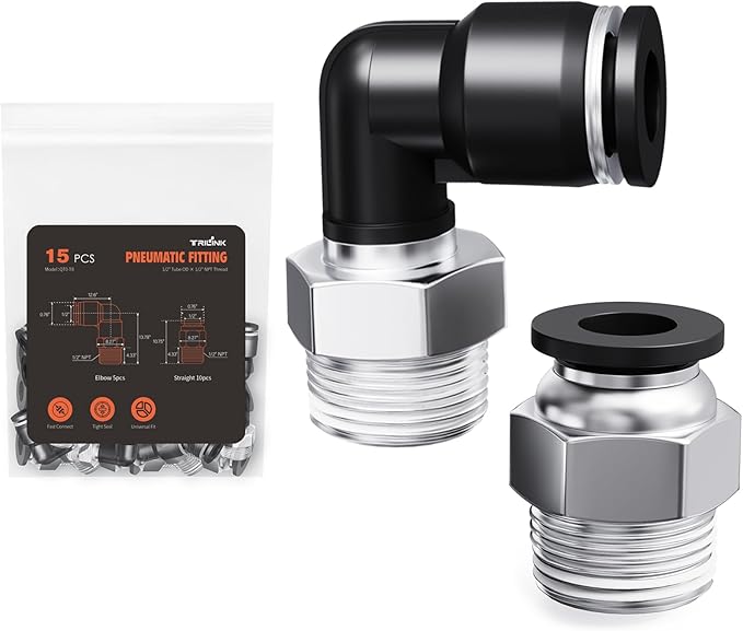 1/2"OD x 1/2"NPT Thread Push to Connect Fittings Kits - 15PCS Air Line Connectors with Straight, Elbow - Quick Connect Pneumatic Fittings, Push Lock Air Hose Fittings for Compressor, Air Tools, Tubing