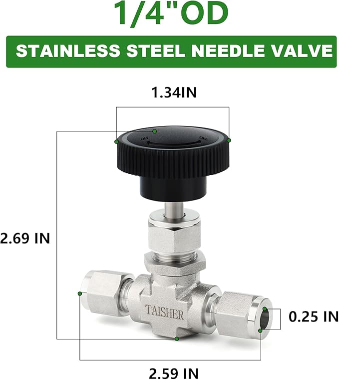 TAISHER 1PCS 316 Stainless Steel Compression Tube Straight Needle Valve 1/4" Tube OD x 1/4" Tube OD For Flow Control Water Gas Oil