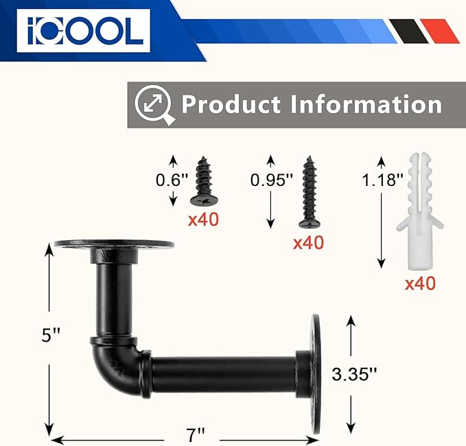 ICOOL 10 Pack 7" Industrial Pipe Shelf Bracket, Heavy-Duty Unibody Shelf Bracket for 8 10 12 14 inches Board, Rustic L Floating Shelf Supports for Home