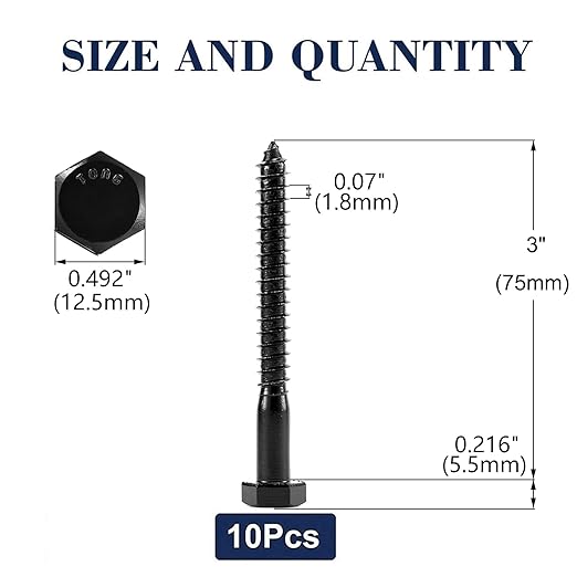 5/16" x 3" Hex Head Lag Screws Bolts 10Pcs 304 Stainless Steel 18-8, Partial Thread, Hexagon Head Wood Screws by Black Oxide by SG TZH