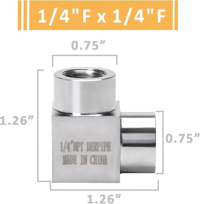 90 Degree Street Elbow - 1/4" NPT Female to 1/4" NPT Female Stainless Steel 304 Heavy Duty Forged Square Barstock Street Elbow Adapter Pipe Fitting (pack of 2)