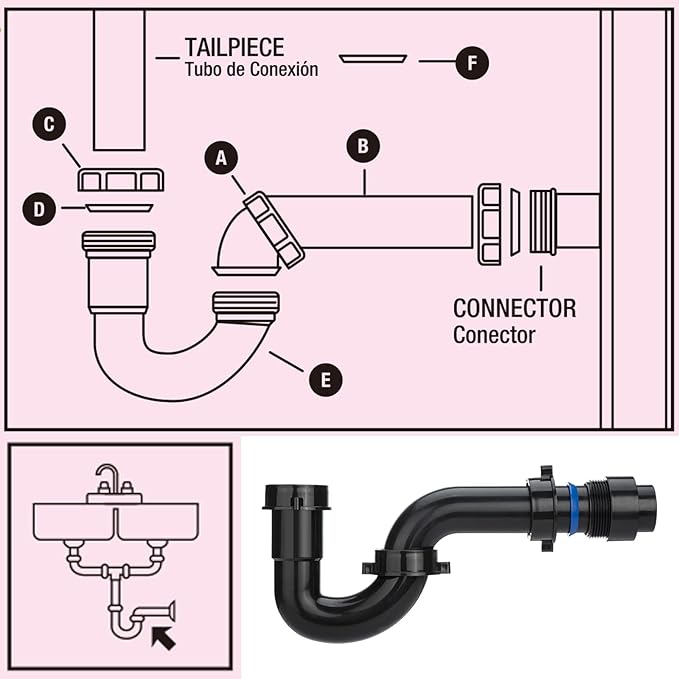 (1 Pack) Yariwiz Black P Trap 1 1/2 Inch for Bathroom Kitchen Sink Drain Pipe Tubular Kit with Black Threaded Adapter and Blue TPE Washer KSD-001B
