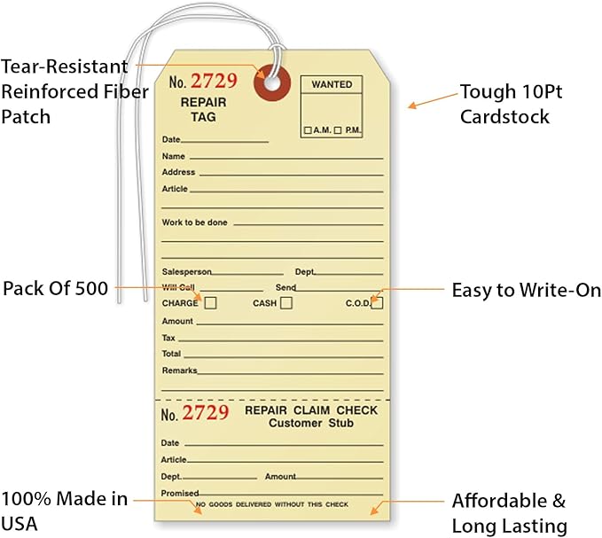 SmartSign Pack of 500 Sequentially Numbered Repair Tags with Attached String | 3.125" x 6.25" Manila Cardstock