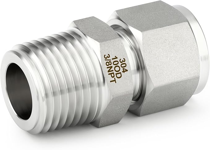 TAISHER 5PCS 304 Stainless Steel Compression Tube Pipe Fitting Connector, 10MM Tube OD x 3/8" NPT Male Straight Adapter