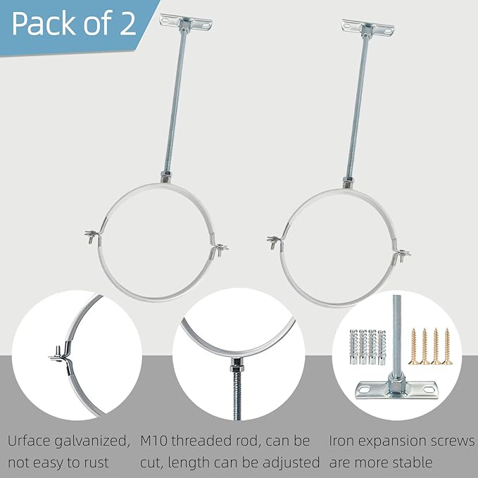 2 Sets 8 Inch Adjustable Pipe Bracket，Heavy Duty Galvanized Iron Stove Pipe Hanger Strap，Wall Support Chimney Pipe Holder，Round Split Ring Vent Conduit Carrier Kit，with All Mounting Screws