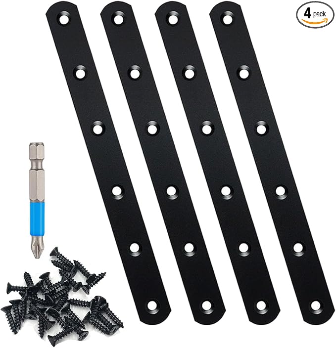 QSJ 4 Pcs Black Straight Bracket Brace Stainless Steel Brackets 195mm / 7.67" Brace for Wood with Screws and Screwdriver