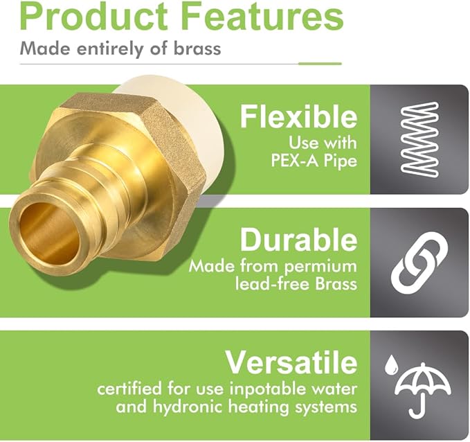 5 Pack 1/2" Pex-A x 1/2" CPVC Transition Adapter Heavy Duty Brass Barb PEX Fittings for for PEX-A and cPVC Pipe Connection,Lead-Free Brass NSF/ANSI 61 NSF 372 Certificate, ASTM F1960