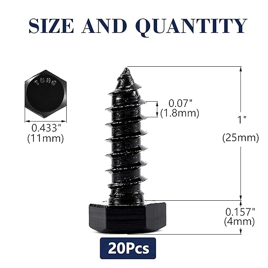 1/4" x 1" Hex Head Lag Screws Bolts 20Pcs 304 Stainless Steel 18-8, Partial Thread, Hexagon Head Wood Screws Black Oxide by SG TZH