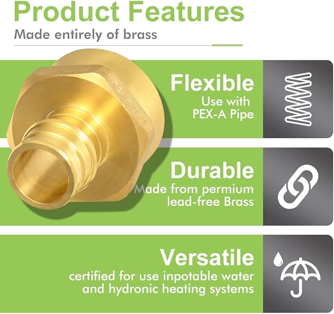 2 Pack Pex-A Brass Expansion to Female Thread Adapter, 3/4 Inch PEX-A to 1 Inch Female NPT,Zero-Lead Brass NSF/ANSI 61 NSF 372 Certificate, ASTM F1960 Certified