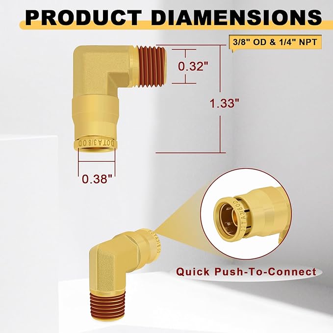 Siptenk 3/8" Elbow DOT Brass Push to Connect Air Line Fittings 5 PCS, 3/8" OD Tube x 1/4" NPT Thread Air Brake Line Quick Connect Fittings for Truck Trailers Industry Air System