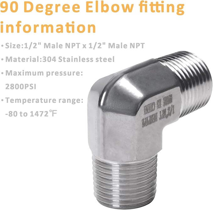 90 Degree Street Elbow - 1/2" NPT Male to 1/2" NPT Male Stainless Steel 304 Heavy Duty Forged Barstock Street Elbow Adapter Pipe Fitting (pack of 5)