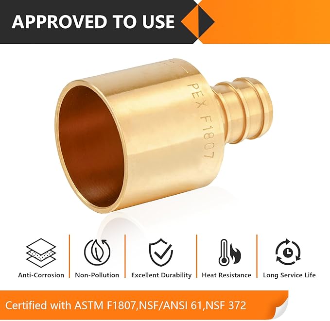 10-Pack HeSun PEX Fittings, 1/2" PEX x 3/4" Female Sweat Adapter (Over Copper Tube), Brass Crimp Fitting for ASTM F1807(PEX1807131)