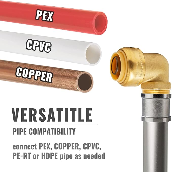 SUNGATOR 3/4 Inch Male Adapter Elbow, 3/4 Inch MNPT, No Lead Brass Push-to-Connect Plumbing Fittings for PEX Pipe, Copper, CPVC, with 1 Disconnect Clip and 1 Sealing Tape, Pack of 6