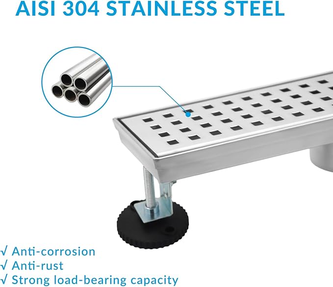 32 Inch Removable Cover Linear Shower Drain 304 Stainless Steel Rectangular Floor Drain for Kitchen Bathroom Square Hole Pattern Drain with Accessories Hair Strainer Adjustable Leveling Feet (Silver)