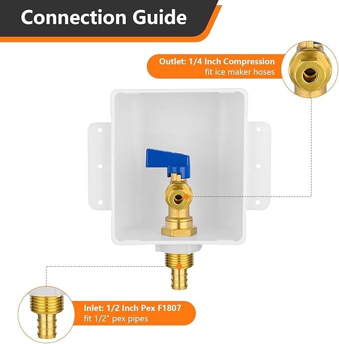 HeSun PEX Crimp Ice Maker Outlet Box,Inlet 1/2 Inch F1807 x Outlet 1/4 Inch OD Compression Connection,with 1/4 Turn Shut Off Valve