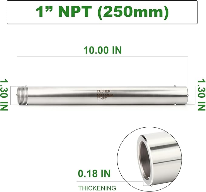 TAISHER 1PCS 304 Stainless Steel Pipe Fittings, 1" NPT Male Threaded, 10" Length Weld Nipple Cast Pipe