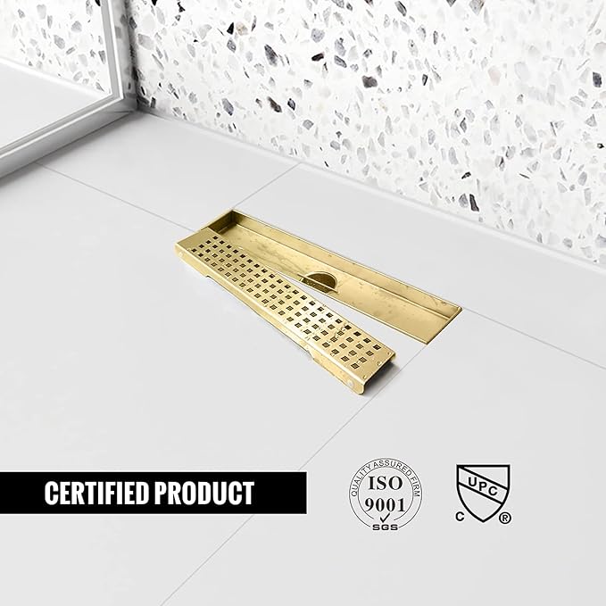 Linear Shower Drain, 12 inch Gold Drain with Removable Grate Cover, Brushed 304 Stainless Steel Shower Floor Drain, Linear Drain with Hair Strainer and Adjustable Feet
