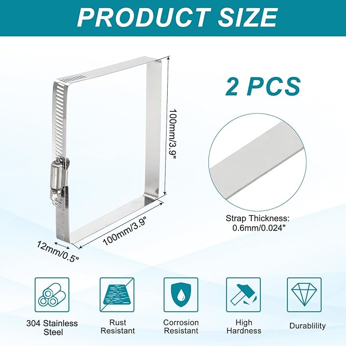 uxcell 2Pcs 304 Stainless Steel Rectangular Hose Clamp, Adjustable 3.9 x 3.9 Inch Square Worm Gear Duct Pipe Tube Clamps for Ducting Bracket Cable Tray Bridge Project Systems, Silver