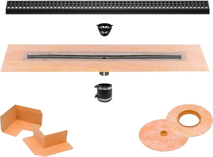 All-in-one Waterproof Linear Shower Drain Kit with 56 Inch Center Outlet Channel Body (KL1V60E140) and Drain Grate Assembly (Cover) in Square Design with Matte Black Finish (KL1B19MGS140)