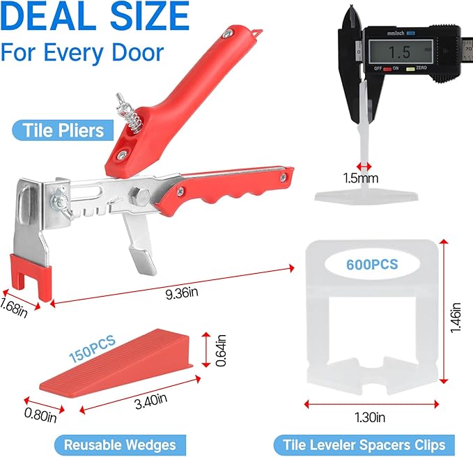 Tile Leveling System Kit, 600pcs Tile Leveler Spacers Clips+150pcs Reusable Wedges+1pc Tile Pliers for Wall/Floor Tile Adjustment, Leveling Tile System for Ceramic Tile(Red, 1/16”-1.5mm)