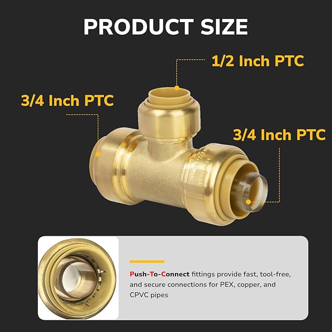 3/4" x 3/4" x 1/2" Reducing Tee Pushfit, Push to Connect Brass Plumbing Fitting for Copper, CPVC, PEX Pipe, Pex Fitting with Upgraded Stiffener, Disconnect Clip Included, NSF & UPC Certified