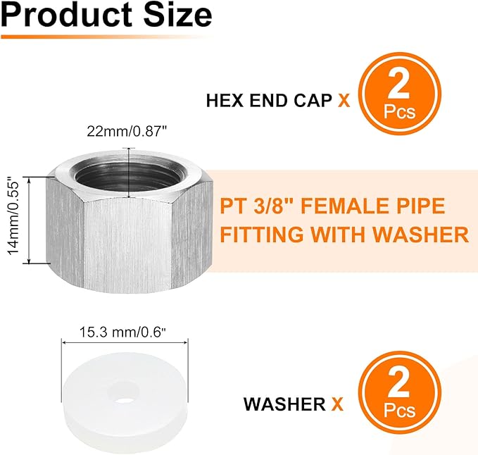 uxcell 2pcs Hex End Cap 304 Stainless Steel Nut with Washer, PT 3/8" Female Thread Pipe Fitting, Gas Line Water Line Stop Valve Cap Tubing Ends for Plumbing Fittings, Silver Tone