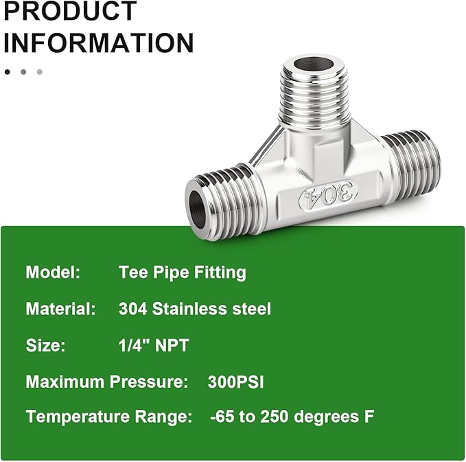 TAISHER 2PCS 304 Stainless Steel Tee Pipe Fittings, 1/4" x 1/4" x 1/4" NPT Male Pipe Fittings