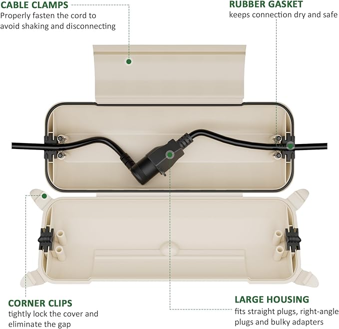 Flemoon 2-Piece Outdoor Waterproof Electrical Box Set – 12.5" x 8.5" x 5" Large Electrical Box & 11.3" x 4.3" x 3" Extension Cord Cover for Power Strip, Outlet, Holiday Light, Almond