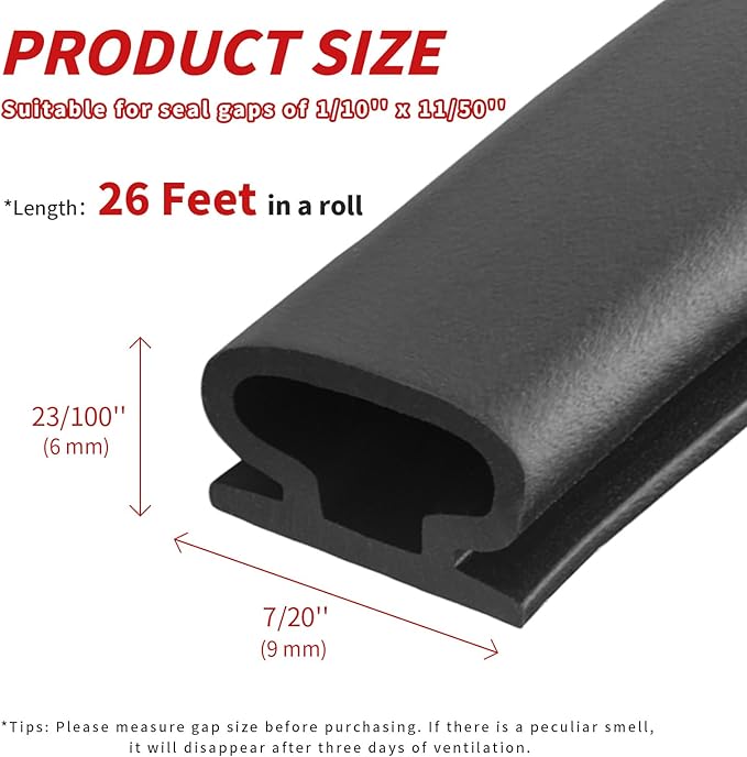 26 Feet D-Shape Rubber Weather Stripping Door Seal Strip, Fingwerk Self-Adhesive Backing Door Weatherstripping for Door Frame Insulation Large Gap, Easy Cut to Size(Black)