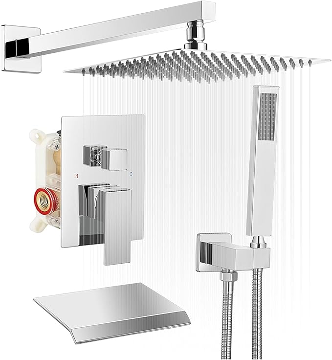 BWE 12 Inch Chrome Shower System Faucet Waterfall Tub Complete with Chrome Spout Set Square Luxury Rain Mixer Pressure Balancing 3-Function Wall Mount Rainfall Rough-in Valve Body and Trim Included