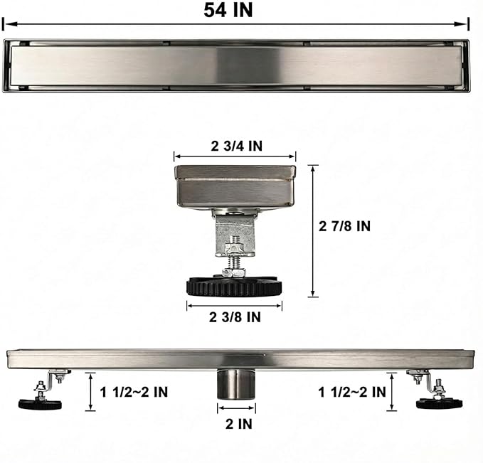Linear Shower Floor Drain, 54 Inch Brushed Nickel 304 Stainless Steel Bathroom Drains Kit, Rectangular Shower Trench Drain with Reversable Tile-in Pattern Drain Cover & Hair Catcher