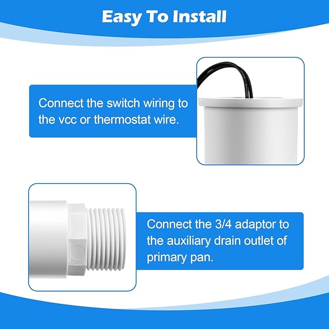 10 Pack SS2 Float Switch for Easy Installation, AC Float Switch with 3/4 Inch Adaptor and 6ft Wire, Water Level Accessory for HVAC System with Condensate Overflow Detection