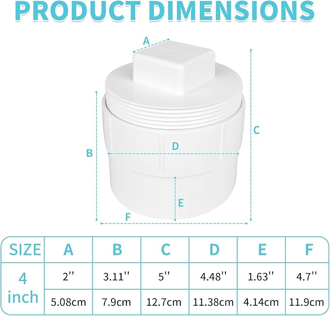2 Pack 4" PVC Sewer Cleanout Adapter with Plug Pipe Fitting, UPOW DWV Flush Sewer Cleanout Cap Fit for 4 Inch Drainage Piping System, PVC Drain Covers for Outdoor Garden