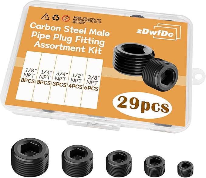 29PCS 5 Size Pipe Plug Fitting Assortment Kit, Black Carbon Steel 1/8" 1/4" 3/8" 1/2" 3/4" NPT Plug DD032-29